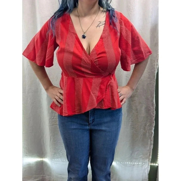 Loft red with white striped wrap around blouse, women's size extra small F3 - Picture 4 of 7